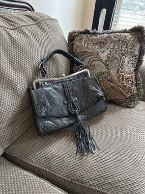 Hype dark grey Distressed Leather Braided Tassel Foldover Frame Satchel Handbag